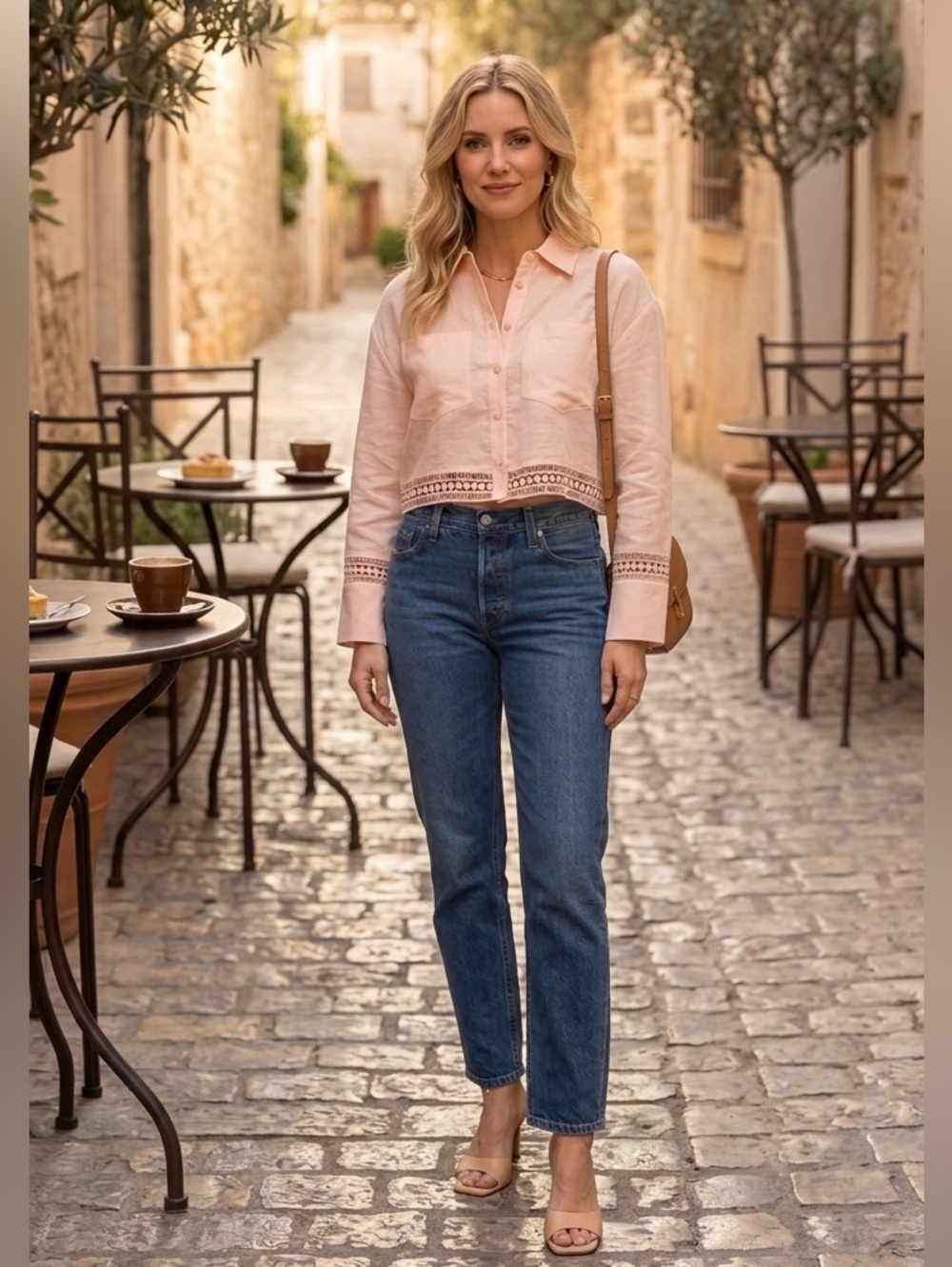 New Elie Tahari Light Pink Cropped Button-Front Shirt  with Lace Trim